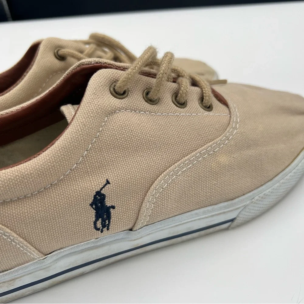 Polo Ralph Lauren Mens Tan Canvas Sneakers Leather Lace Up‎ Low Top Vaughn 7